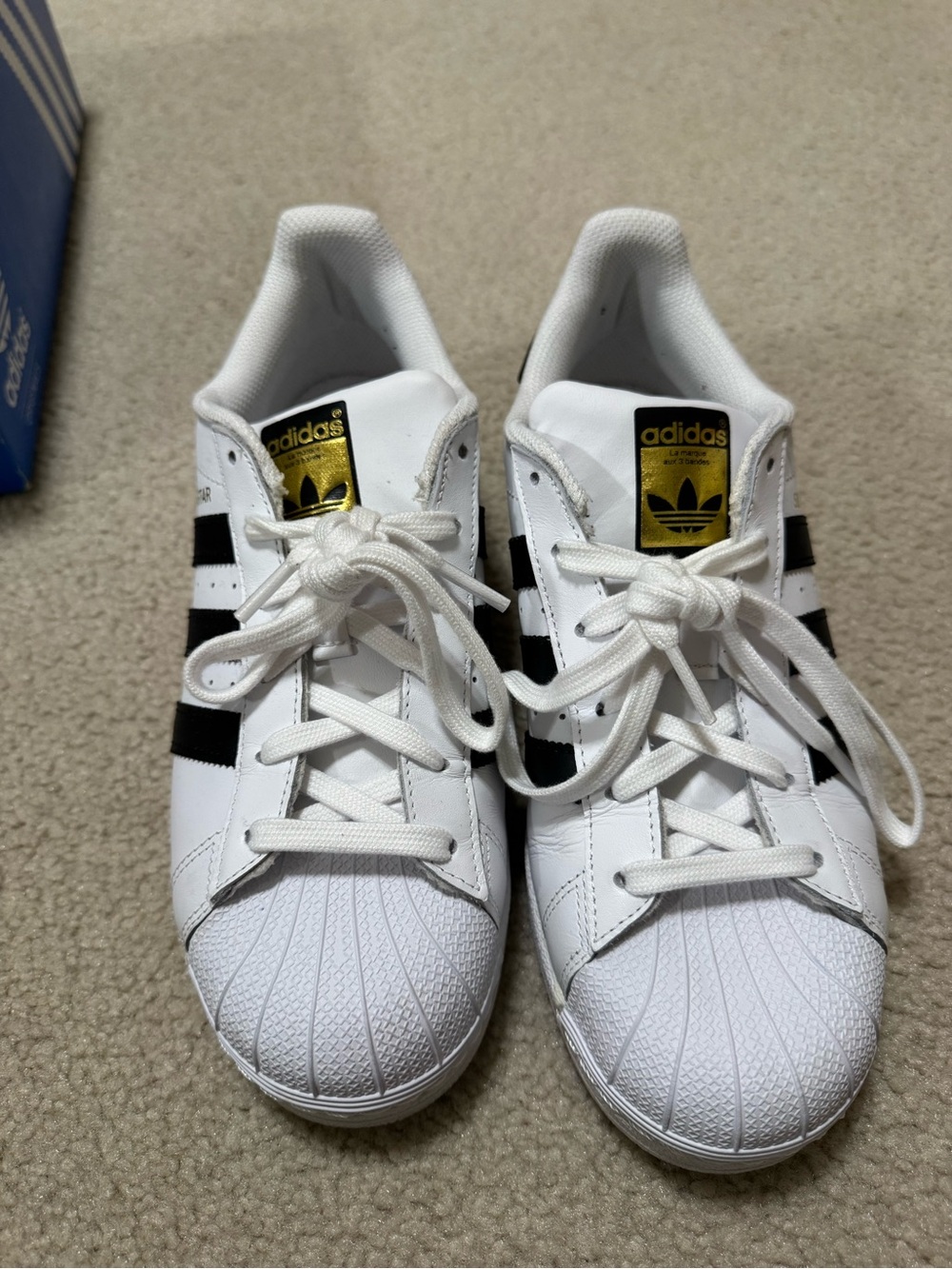 Women’s adidas Superstar Sneakers - White with Black Stripes and Gold Detail